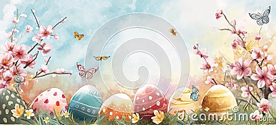 Easter Celebration: A Vibrant Vector Illustration of Eggs, Flowe Cartoon Illustration