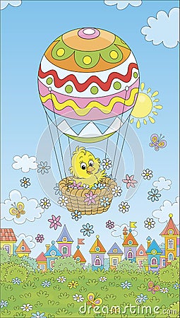 Easter Chick flying with a balloon Vector Illustration