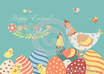 Easter chicken with easter eggs Vector Illustration