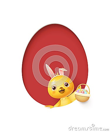 Easter chicken in egg shaped red hole with a basket filled with decorated eggs - isolated on white Vector Illustration