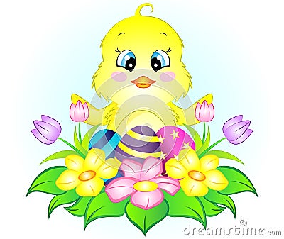 Easter Chicken with Eggs and Flowers Vector Illustration