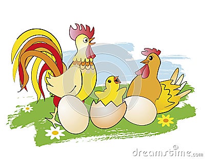 Easter Chicken, Hen, Rooster and Eggs. Vector Illustration