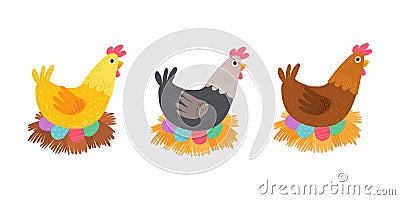 Easter chicken with holiday eggs isolated on white. Cartoon vector hand drawn eps 10 illustration isolated on dark Vector Illustration