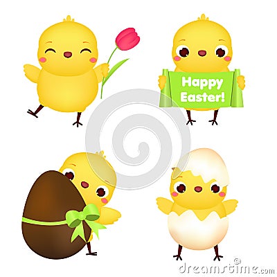 Easter chickens collection. Cute cartoon chiks with flowers, eggs and other traditional symbols for Easter celebration Vector Illustration