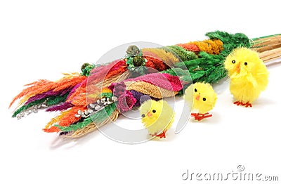 Easter chickens with colorful palm on white background Stock Photo