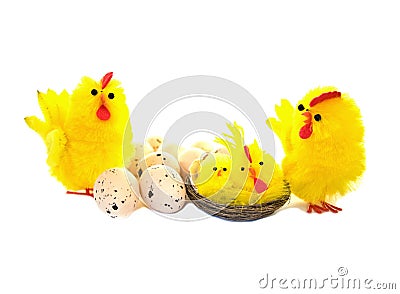 Easter chickens and eggs on white Stock Photo