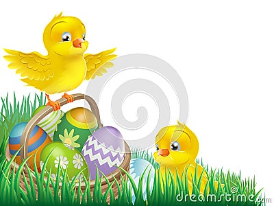 Easter chicks and egg basket Vector Illustration