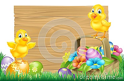 Easter Chicks and Eggs Basket Sign Vector Illustration