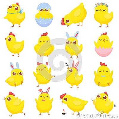 Easter chicks. Spring baby chicken, cute yellow chick and funny chickens isolated cartoon vector illustration set Vector Illustration