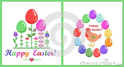 Easter childish funny greeting cards with colorful painted glass eggs, abstract flowers and funny hen in patchwork style Vector Illustration