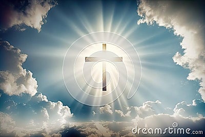 Easter Christian Concept: Jesus Christ Praying Earnestly with Cross, Giving Glory to God towards Bright Light. Stock Photo