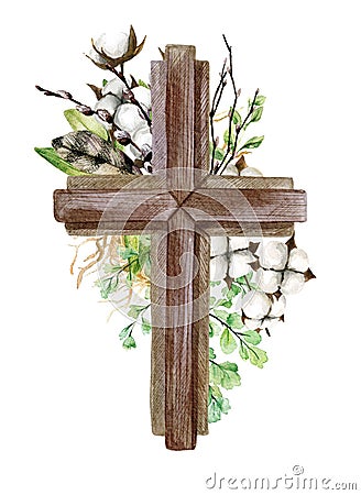 Easter christian cross with floral elements, easter decoration Cartoon Illustration