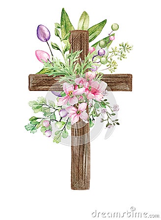 Easter christian cross with floral elements, easter decoration Cartoon Illustration
