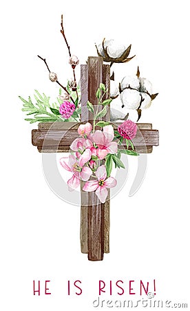 Easter christian cross with flowers, willow and cotton Vector Illustration