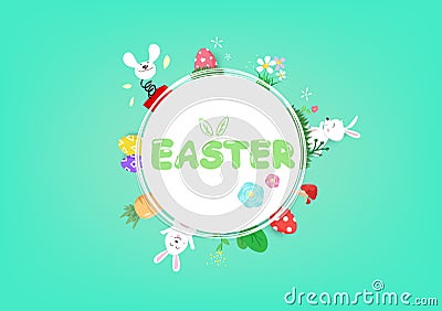 Easter, circles frame, floral decoration spring seasonal holiday, adorable rabbit, greeting invitation poster background vector Vector Illustration