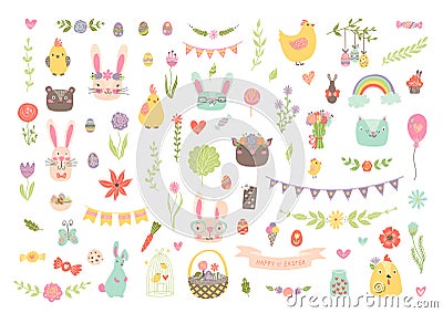 Unique vector easter clipart with hand drawn easter elements. isolated cute spring cartoon clip art set: bunny, cat, bear, eggs. Vector Illustration