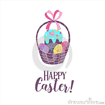 Happy Easter. Vector greeting card. Basket with painted eggs. Spring clipart Vector Illustration