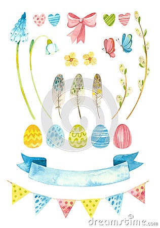 Easter clipart set. Baby spring party clipart with Easter eggs, pussy willow and flowers. Stock Photo