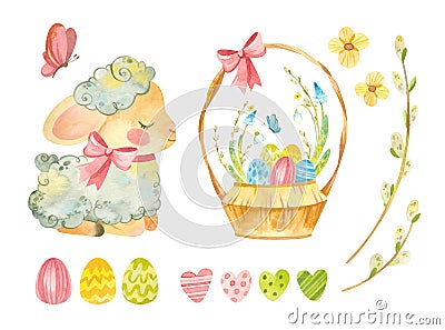 Easter clipart set with cute sheep. Baby lamb, wicker basket with Easter eggs, pussy willow Stock Photo