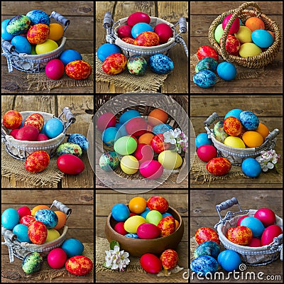 Easter collage - pictures with painted eggs Stock Photo