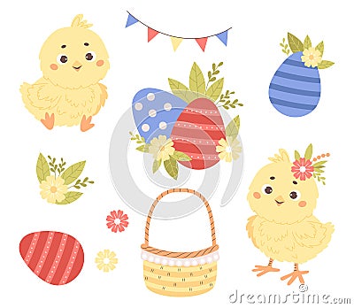 Easter collection. Little cute chickens, basket, decorative eggs, flowers and garland. Isolated holiday symbols on white Vector Illustration