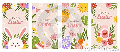 Easter collection of vertical social media template. Design for celebration spring holiday with flowers, bunny Stock Photo