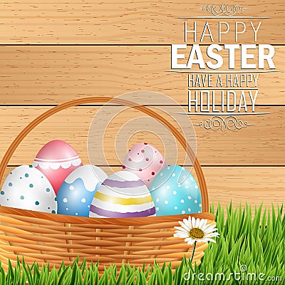 Easter colorful eggs in basket with field of grass on wooden background Vector Illustration