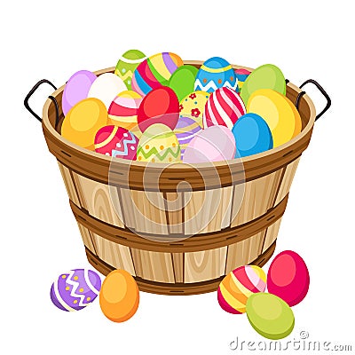 Easter colorful eggs in wooden basket. Vector illu Vector Illustration