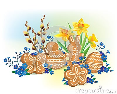 Easter composition of cookies and flowers Vector Illustration