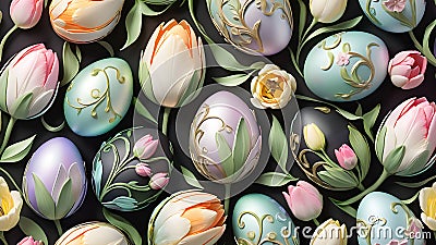 Easter composition with decorated eggs and tulips Stock Photo
