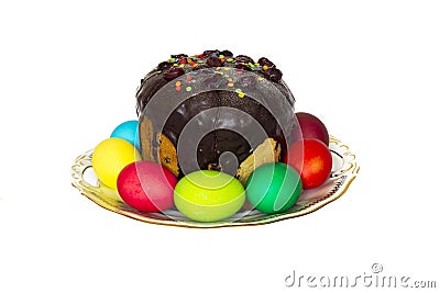 Easter composition of Easter cakes and colored eggs. Red prevail Stock Photo