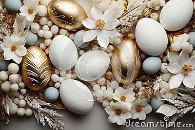 Easter composition flat lay with gold and white elements, eggs Stock Photo