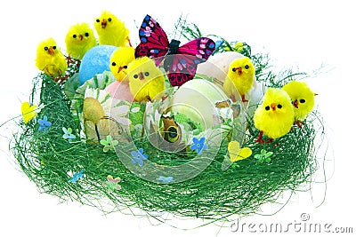 Easter composition with painted eggs, funny chickens and butterfly Stock Photo