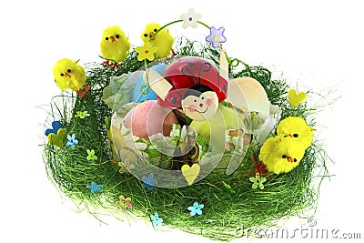 Easter composition with painted eggs, funny chickens and ladybug Stock Photo