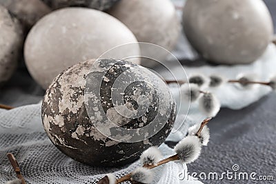 Easter composition - several painted with natural dyes with marble effect on the table, close up Stock Photo