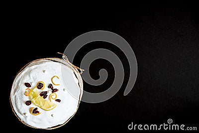Easter composition of sweet bread, paska on black background. Holidays breakfast concept Stock Photo