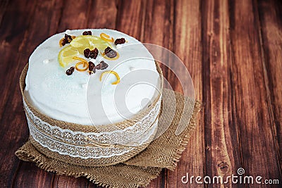 Easter composition of sweet bread, paska and wooden background. Holidays breakfast concept Stock Photo