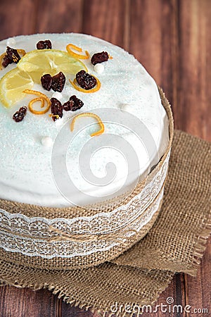 Easter composition of sweet bread, paska and wooden background. Holidays breakfast concept Stock Photo