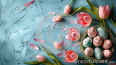 Easter Composition with Tulips and Decorated Eggs on Blue Background. Generative ai Cartoon Illustration