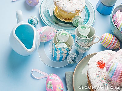 Easter concept background with cake and eggs Stock Photo