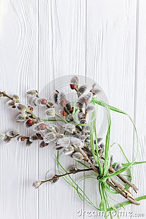 Easter concept branches twigs and eggs on a wooden background Stock Photo