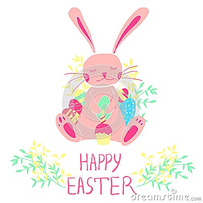 Easter concept. Bunny with eggs, cake and candle. Hand drawn style Vector Illustration