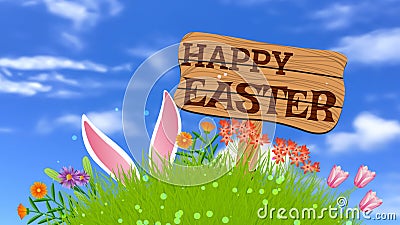 Easter concept image with green grass, different flowers, rabbit ears and wooden board Stock Photo