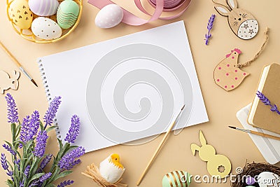 Top view photo of sketchbook brushes colorful easter eggs in bowl wooden decor ribbon chicken nest and lavender flowers Stock Photo