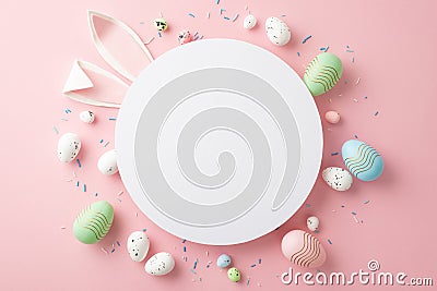 Top view photo of white circle easter bunny ears green blue pink eggs and sprinkles on isolated pastel pink background Stock Photo