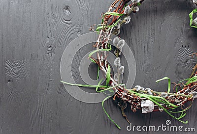 Easter concept wreath on a wooden background Stock Photo