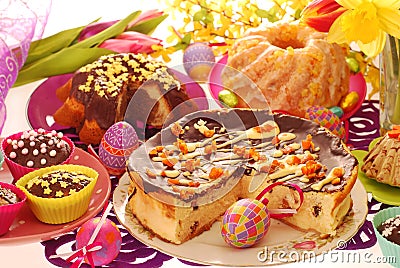 Easter confectionery on festive table Stock Photo