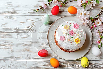 Easter confections featuring cake and eggs on a wood rustic table, copy space Stock Photo