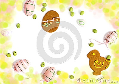 Easter cookies and decoration egg on white background with copy space. Stock Photo