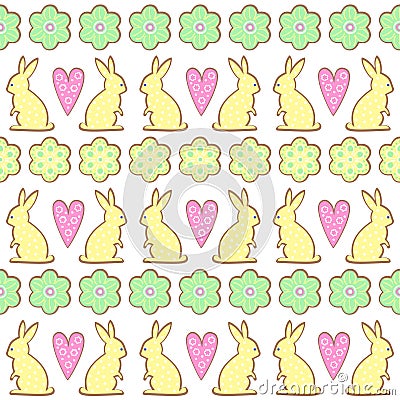 Easter cookies pattern, card - Easter bunny, flowers, hearts. Vector Illustration